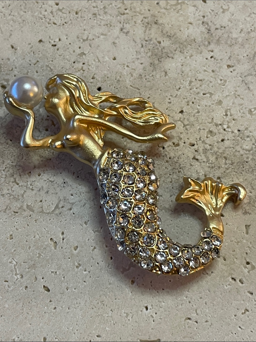 Anthropologie Gold Mermaid Brooch Pin Crystal Pearl Coastal Ocean Jewelry